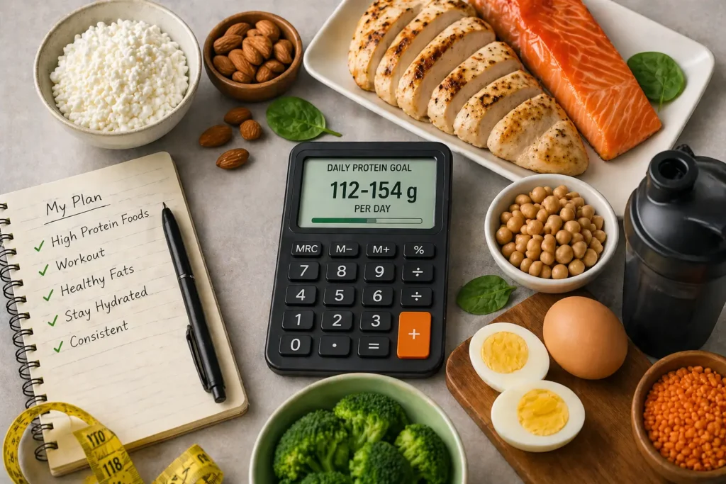 High protein foods with calculator showing daily protein intake for healthy diet and muscle gain