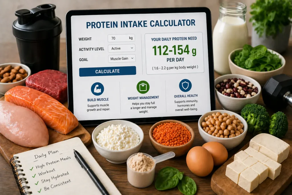 Protein intake calculator with high protein foods for daily protein needs and nutrition planning