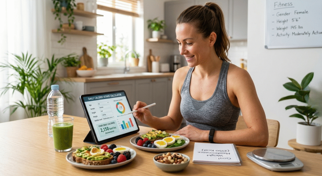 woman tracking daily calorie intake using calculator with healthy meal