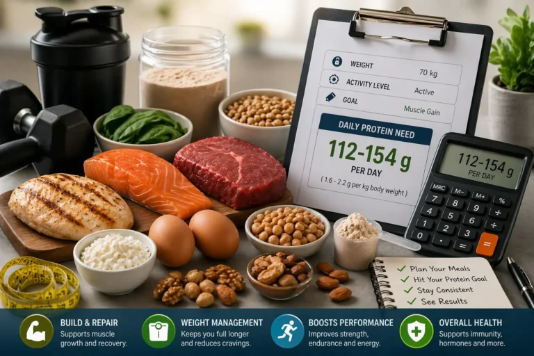 Protein Intake Calculator 2026: Find Your Daily Protein Needs Instantly 5 Protein rich foods with calculator showing daily protein intake for weight loss and muscle gain