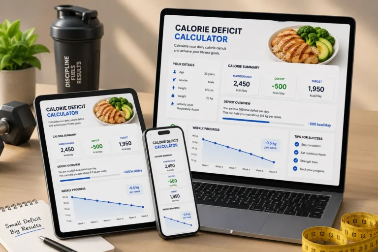 The Ultimate James Smith Calorie Deficit Calculator 2026 4 calorie deficit calculator showing daily calorie target weight loss progress and healthy nutrition dashboard
