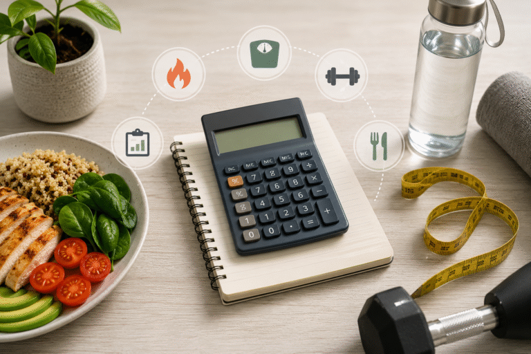 James Smith Maintenance Calorie Calculator – Free Tool 2026 8 maintenance calorie calculator with healthy food, dumbbell, and measuring tape for diet and fitness planning
