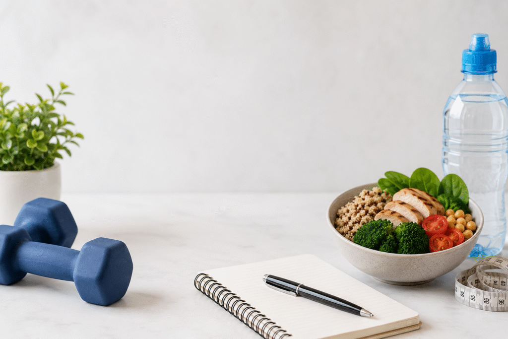 James Smith TDEE Calculator – Free Calorie & Energy Calculator 2026 2 Fitness and nutrition setup with dumbbells, healthy food, and water bottle (TDEE calculator concept)
